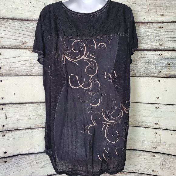 Maurices Women’s XL Black Lace Fleur-de-Lis Graphic Tee Rhinestone Studded Top - Picture 4 of 8